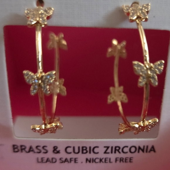 SOLD - NEW Gold 1.24" D. Butterfly Hoop Earrings CZ Pavé Dainty - Picture 3 of 9